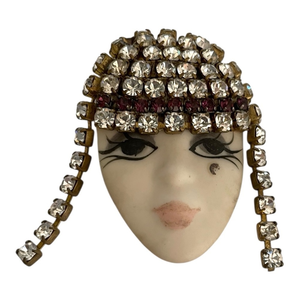 Crystal-Embellished Face Roaring 20's Brooch, Handmade and Unique.